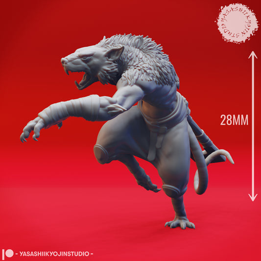 Wererat - Axe - 3D Printed Mini for Tabletop Gaming, Dungeons and Dragons, Pathfinder, Kings of War and other RPG's
